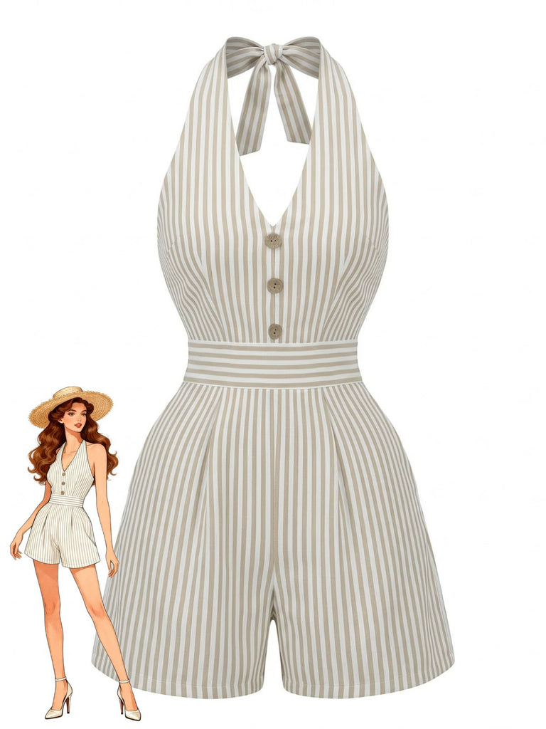Beige 1950er Halfter Streifen Gerafft Taille Romper