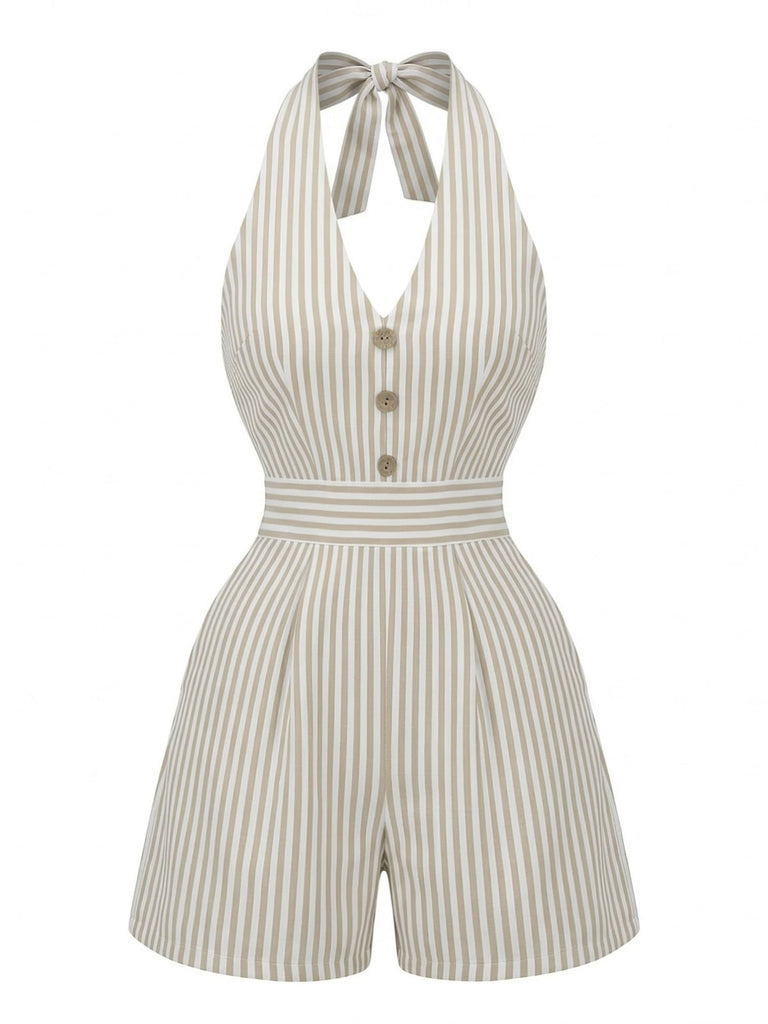 Beige 1950er Halfter Streifen Gerafft Taille Romper