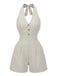 Beige 1950er Halfter Streifen Gerafft Taille Romper