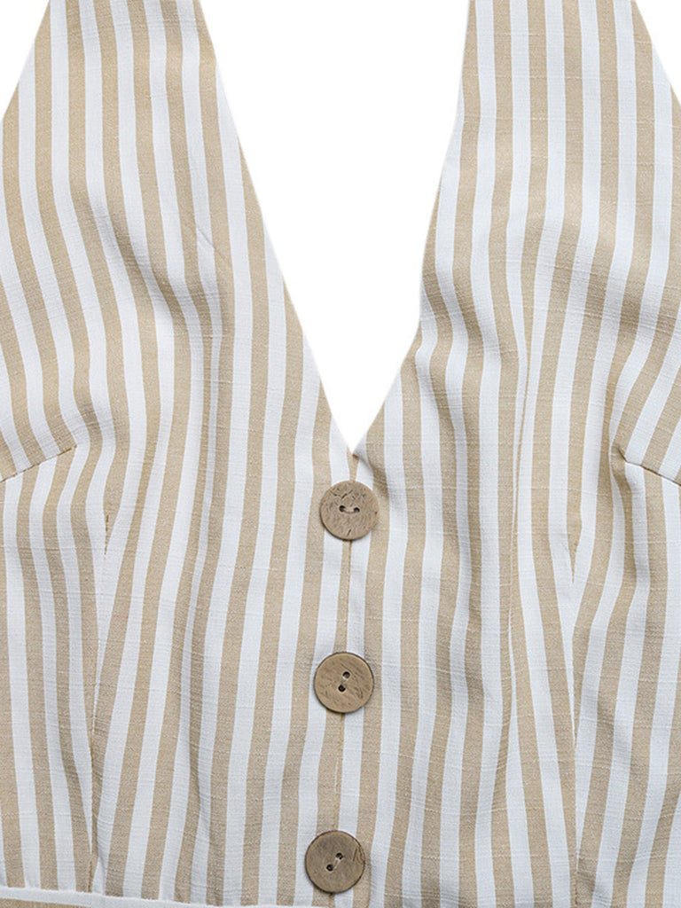 Beige 1950er Halfter Streifen Gerafft Taille Romper