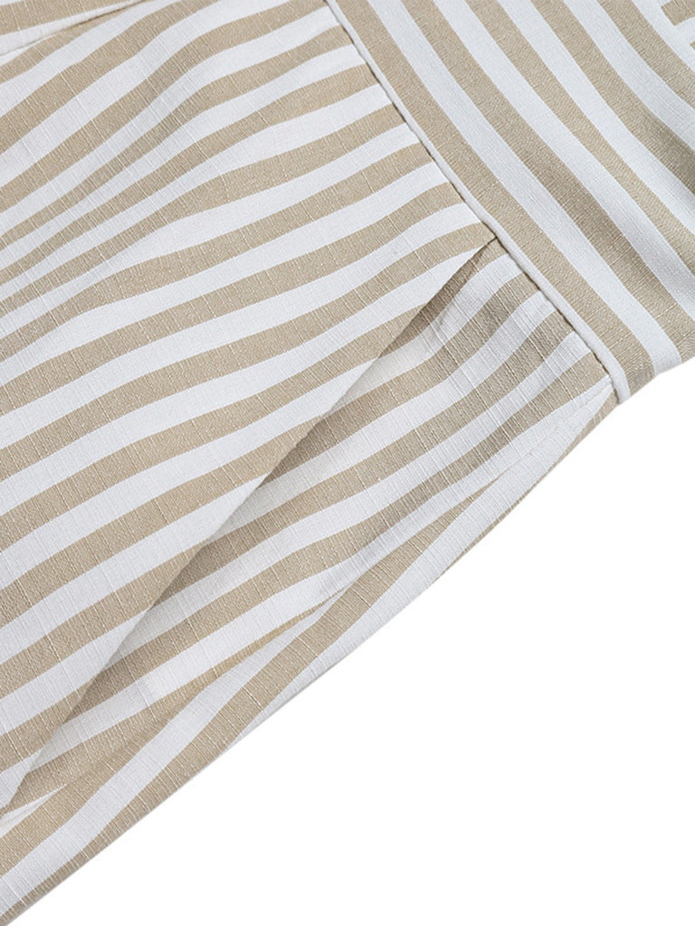 Beige 1950er Halfter Streifen Gerafft Taille Romper