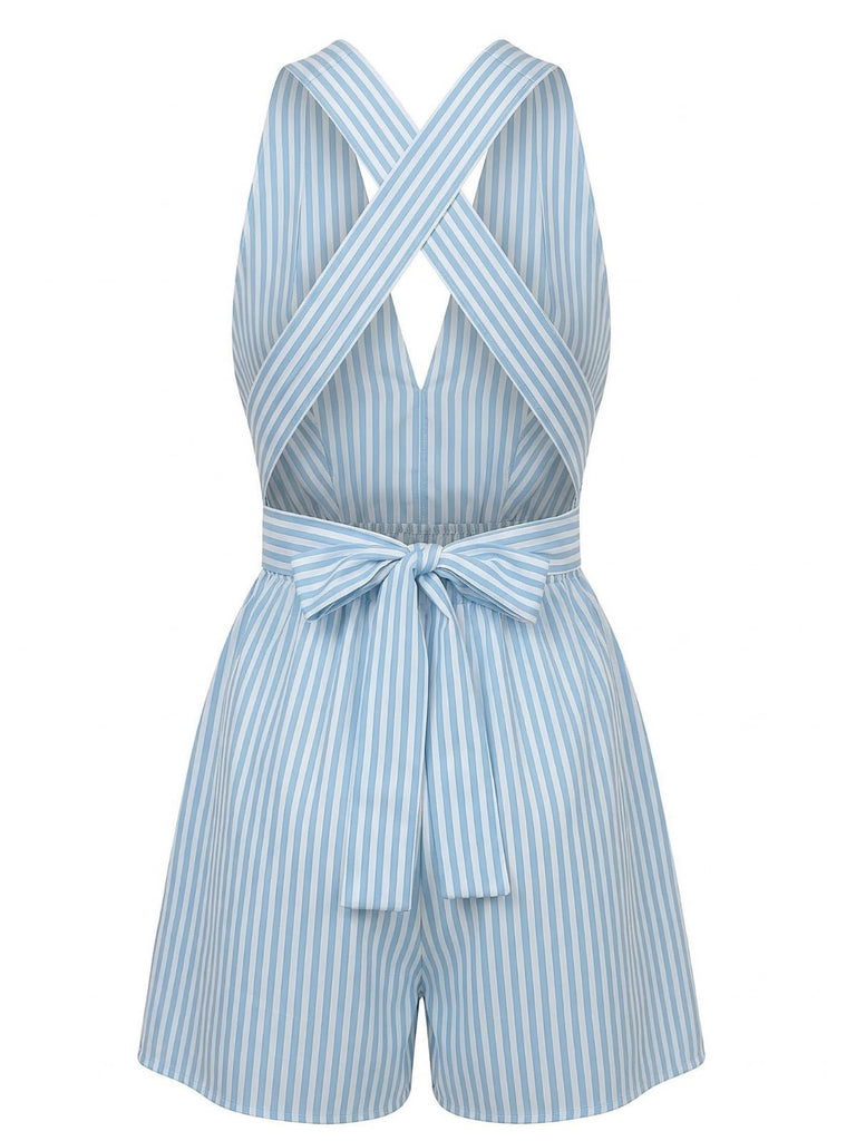 Blauer, gestreifter, ärmelloser Jumpsuit im Stil der 1950er Jahre mit V-Ausschnitt und gekreuzten Gürteln – Vintage-Jumpsuit, Retro-Mode