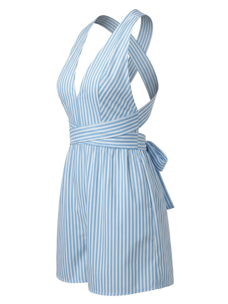 Blauer, gestreifter, ärmelloser Jumpsuit im Stil der 1950er Jahre mit V-Ausschnitt und gekreuzten Gürteln – Vintage-Jumpsuit, Retro-Mode
