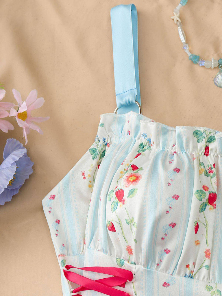 50er Swingkleid mit Blumen-Print und Eckiger Ausschnitt