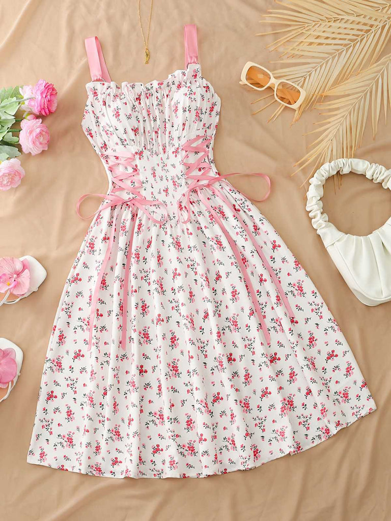 50er Swingkleid mit Blumen-Print und Eckiger Ausschnitt