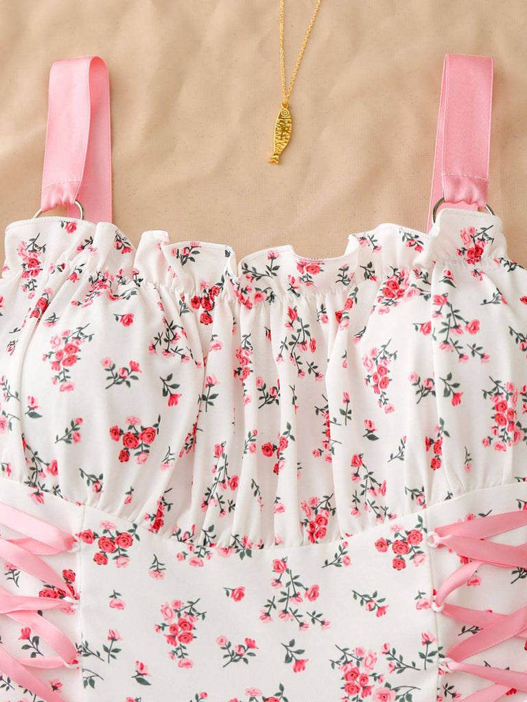 50er Swingkleid mit Blumen-Print und Eckiger Ausschnitt