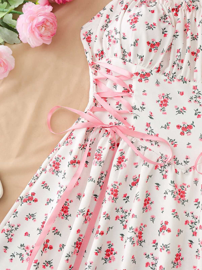 50er Swingkleid mit Blumen-Print und Eckiger Ausschnitt
