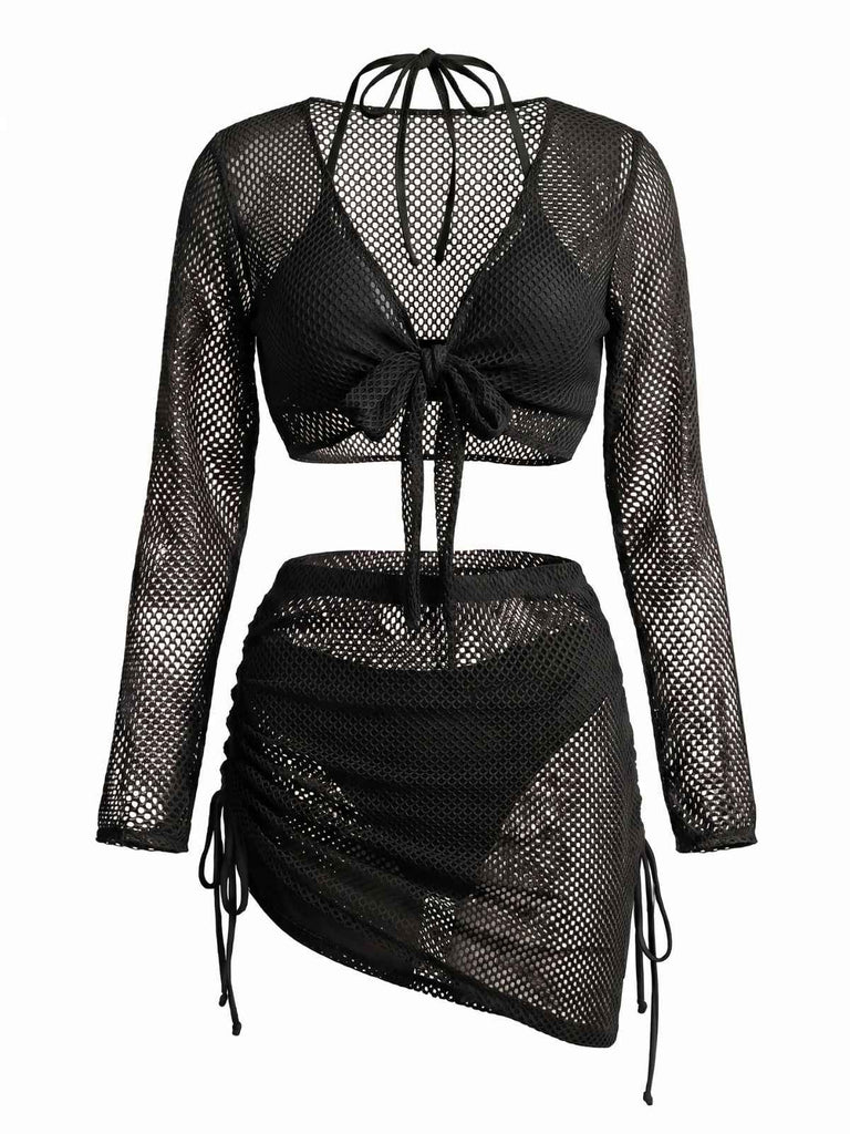 50er Bikini-Set & Shorts & Cover-Up mit Neckholder und Häkelarbeit