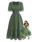 40er Jacquard-Kleid mit Stickerei und eckigem Ausschnitt