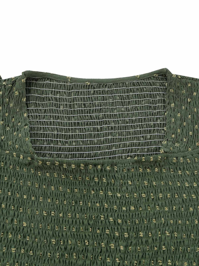 40er Jacquard-Smockkleid mit Eckiger Ausschnitt und Stickerei