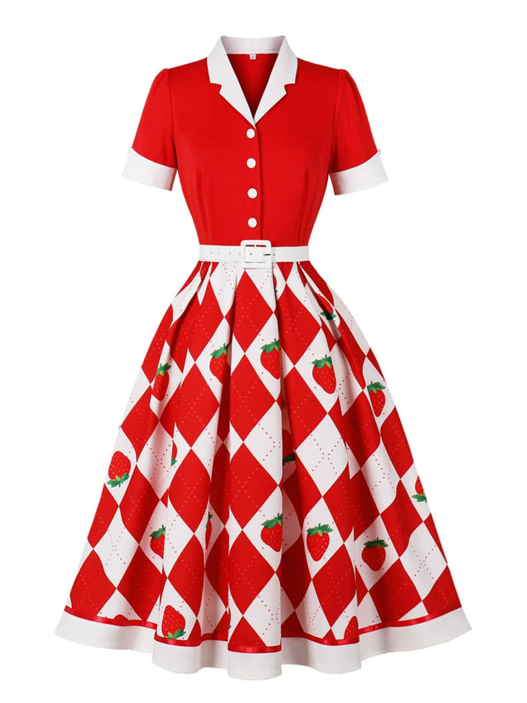 50er Swingkleid mit Farbblock und Erdbeere