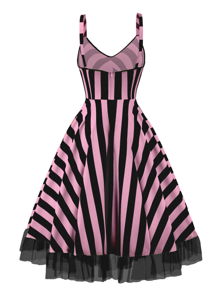 Schwarzes 50er Halloween-Swingkleid mit Kürbis-Print und Tüllsaum