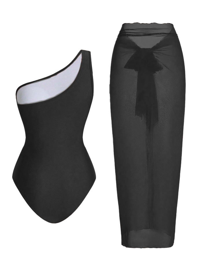Badeanzug und Strandkleid im Stil der 1950er Jahre mit asymmetrischem Träger, Raffungen und Bauchkontrolle – Vintage-Badeanzug im Pin-up-Stil