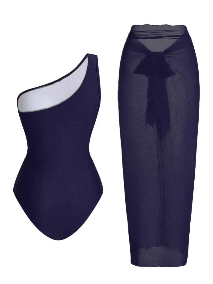 Badeanzug und Strandkleid im Stil der 1950er Jahre mit asymmetrischem Träger, Raffungen und Bauchkontrolle – Vintage-Badeanzug im Pin-up-Stil