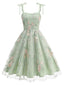 50er Tüllkleid mit Blumenstickerei und Bindeträgern