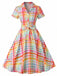 Mehrfarbiges 40er Kleid mit Kurzarm und Karo