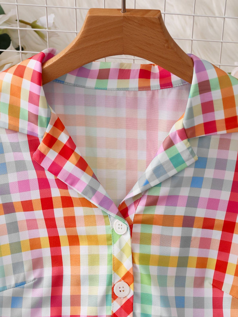 Mehrfarbiges 40er Kleid mit Kurzarm und Karo