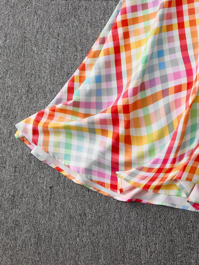 Mehrfarbiges 40er Kleid mit Kurzarm und Karo