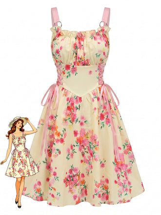 50er Vintage Swingkleid mit Blumen und Schnürung