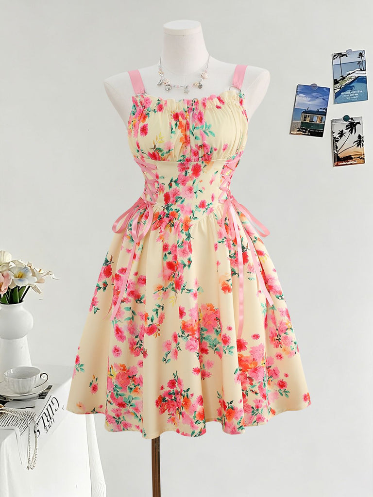 50er Vintage Swingkleid mit Blumen und Schnürung