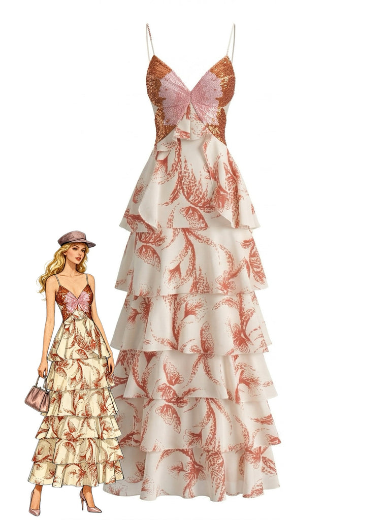 Rosa 60er Maxikleid mit Spaghettiträger und Rüschen