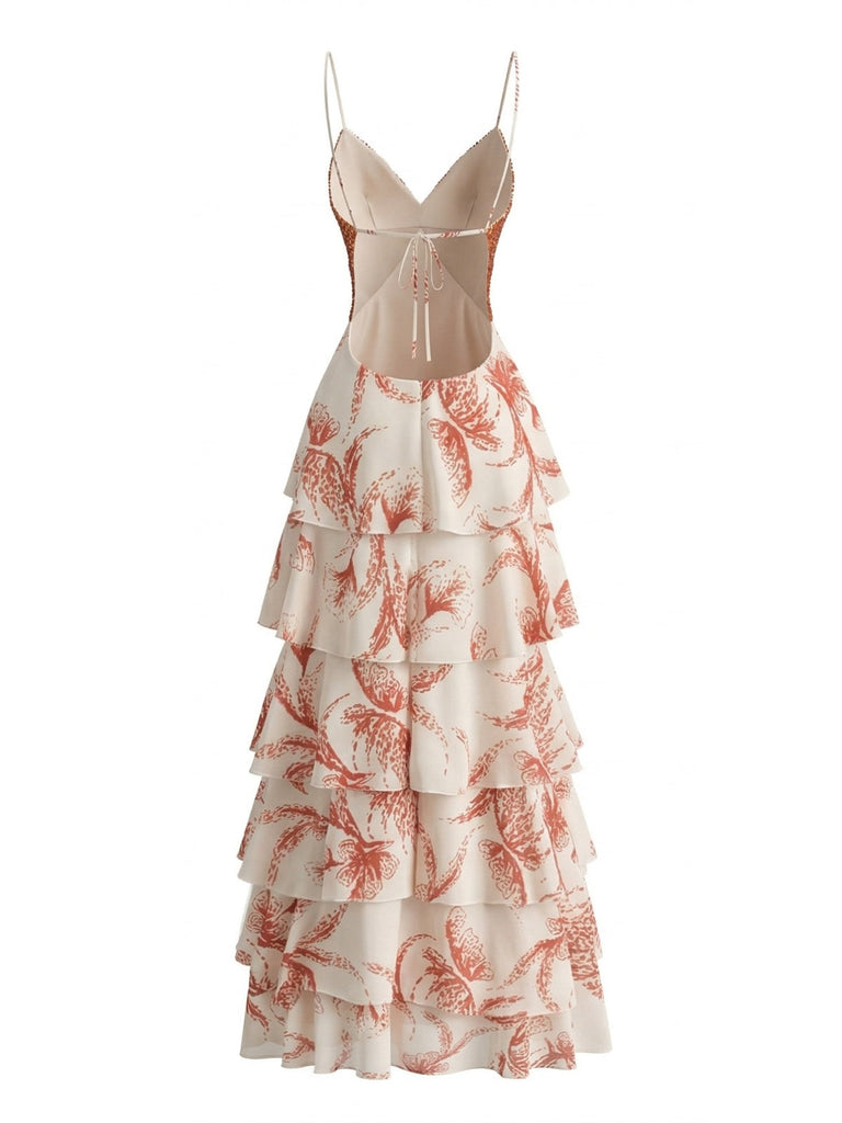 Rosa 60er Maxikleid mit Spaghettiträger und Rüschen