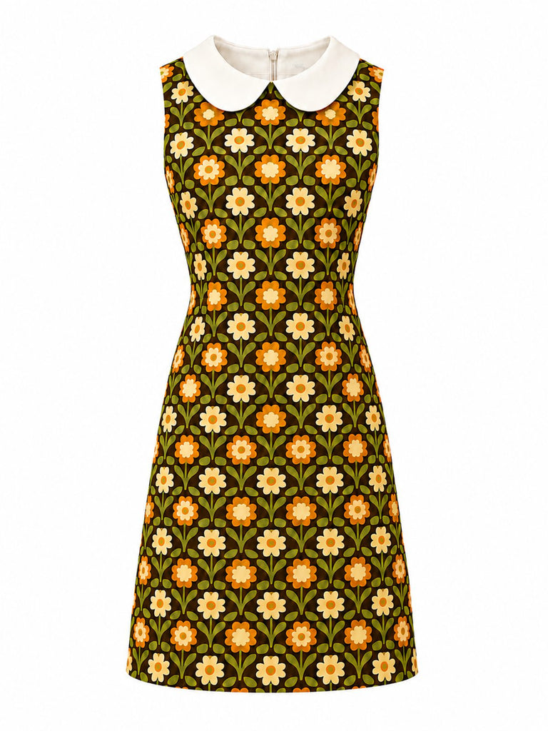 Grünes 60er Kleid mit Peter-Pan-Kragen und Gänseblümchen