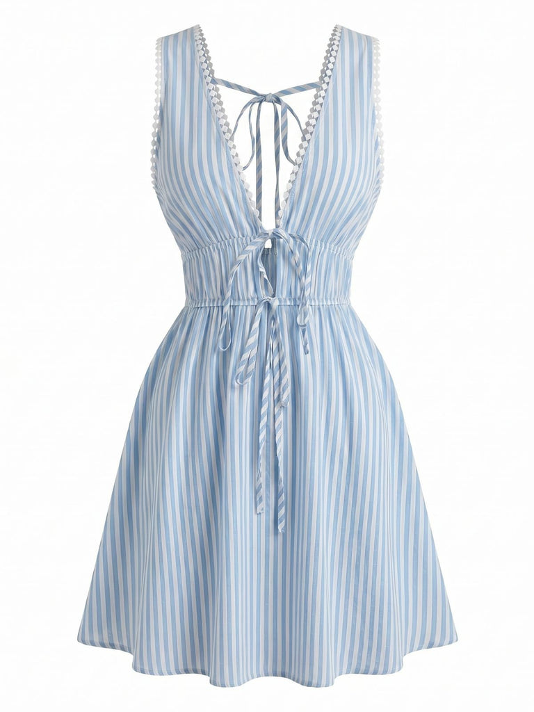 Blau 1960er Ärmellos Tief V-Ausschnitt Rückenfrei Streifen Kleid