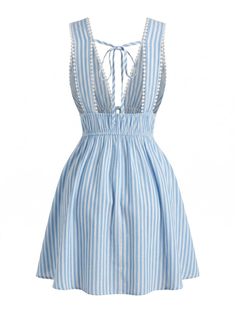 Blau 1960er Ärmellos Tief V-Ausschnitt Rückenfrei Streifen Kleid