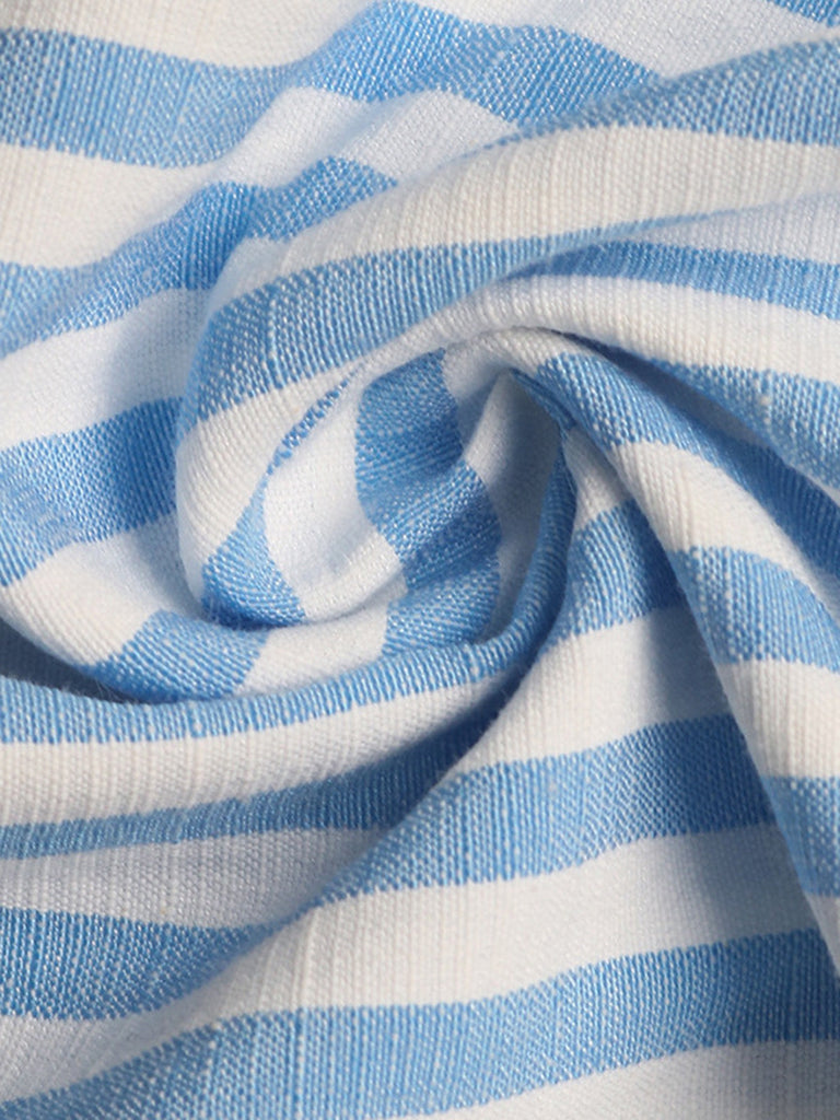 Blau 1960er Ärmellos Tief V-Ausschnitt Rückenfrei Streifen Kleid