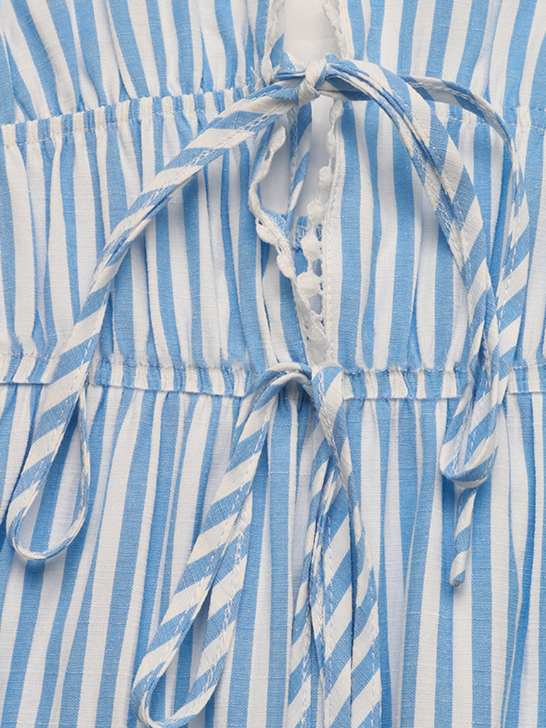 Blau 1960er Ärmellos Tief V-Ausschnitt Rückenfrei Streifen Kleid