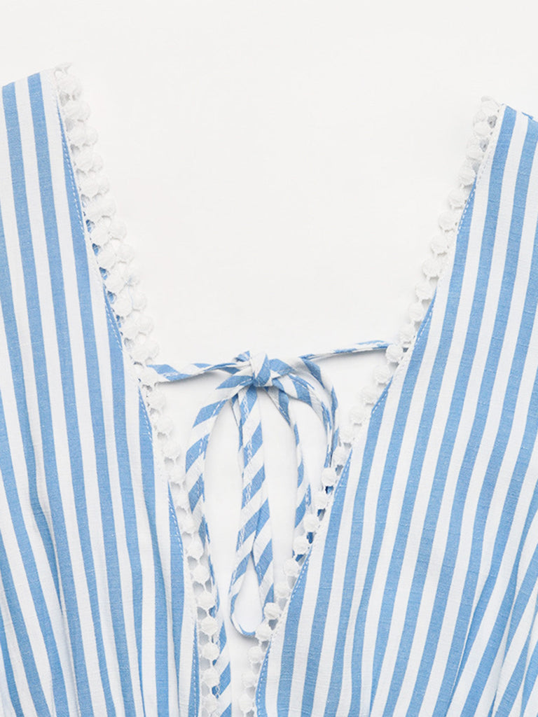 Blau 1960er Ärmellos Tief V-Ausschnitt Rückenfrei Streifen Kleid