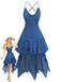 Blaues, trägerloses Jeanskleid im Westernstil der 1960er Jahre mit Spaghettiträgern – Vintage-Kleid, Retro-Mode