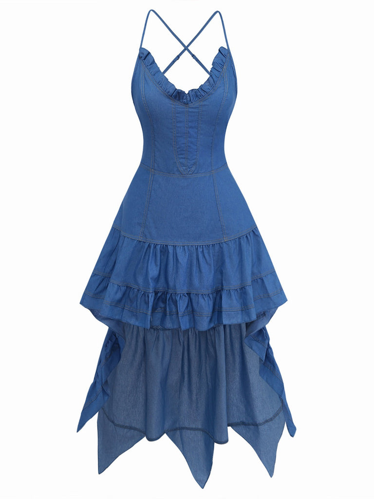 Blaues, trägerloses Jeanskleid im Westernstil der 1960er Jahre mit Spaghettiträgern – Vintage-Kleid, Retro-Mode