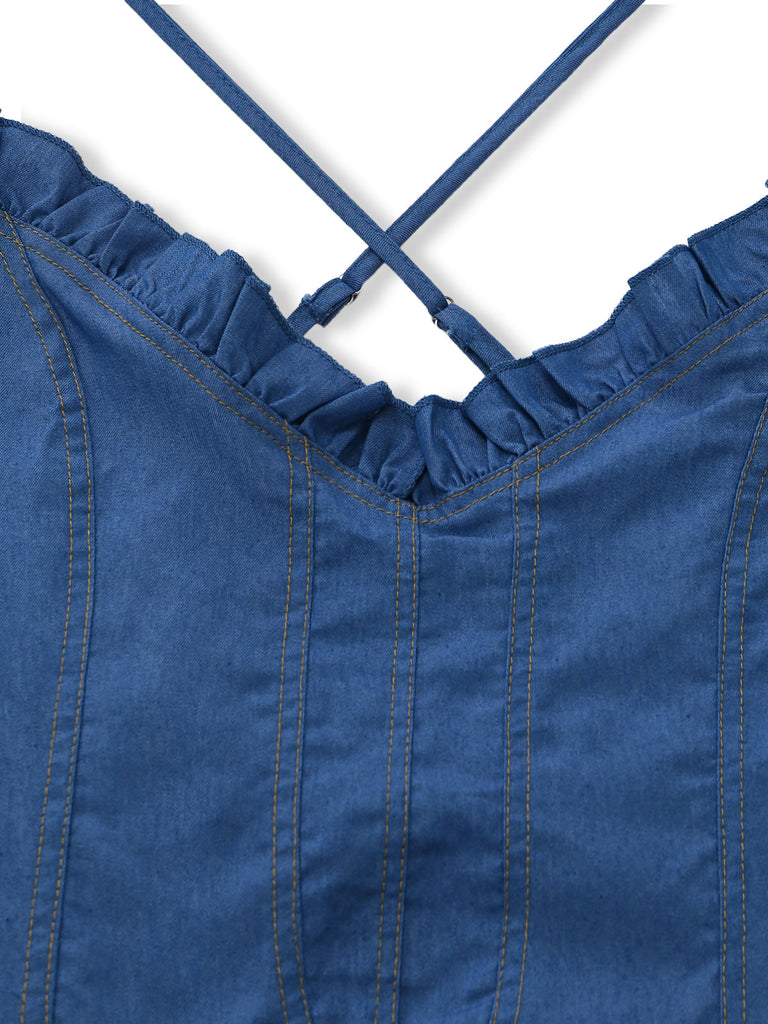 Blaues, trägerloses Jeanskleid im Westernstil der 1960er Jahre mit Spaghettiträgern – Vintage-Kleid, Retro-Mode