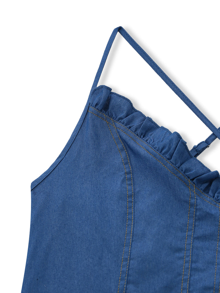 Blaues, trägerloses Jeanskleid im Westernstil der 1960er Jahre mit Spaghettiträgern – Vintage-Kleid, Retro-Mode