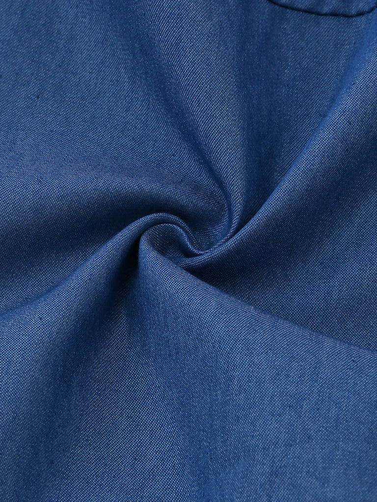 Blaues, trägerloses Jeanskleid im Westernstil der 1960er Jahre mit Spaghettiträgern – Vintage-Kleid, Retro-Mode