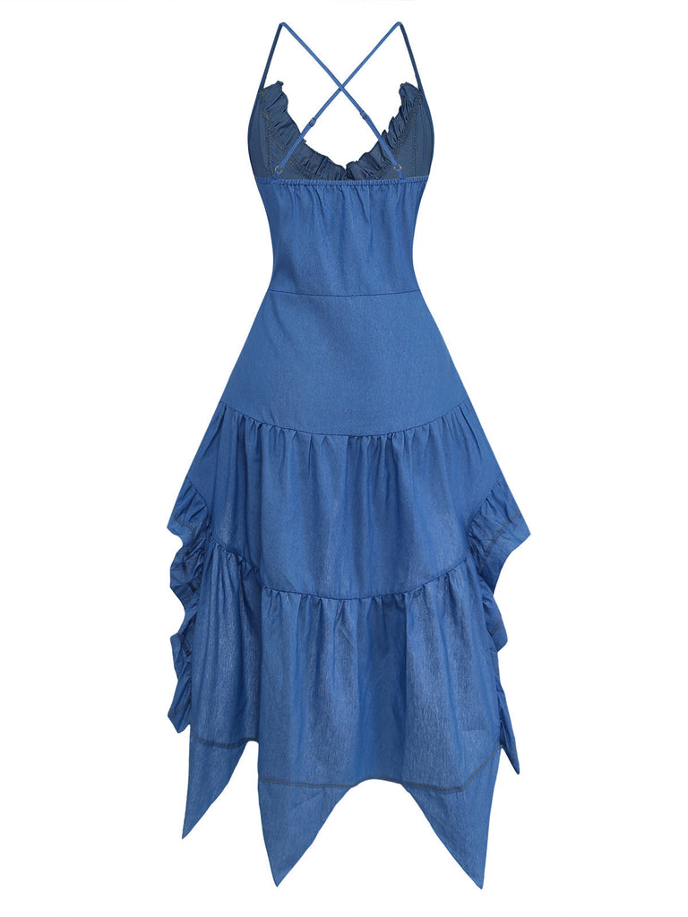 Blaues, trägerloses Jeanskleid im Westernstil der 1960er Jahre mit Spaghettiträgern – Vintage-Kleid, Retro-Mode