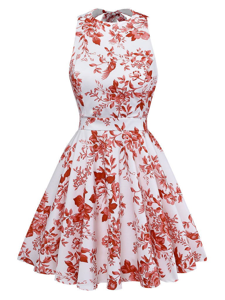 1960er Blumen Drucken Halfter Ärmellos Rückenfrei Swing Kleid