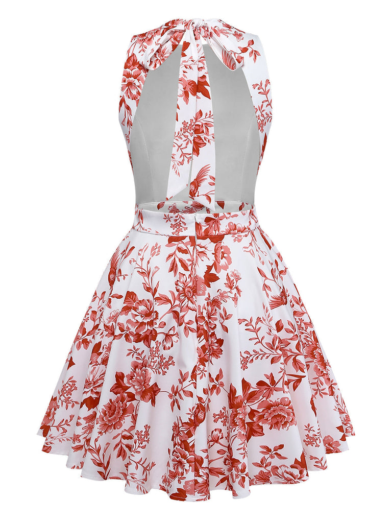 1960er Blumen Drucken Halfter Ärmellos Rückenfrei Swing Kleid