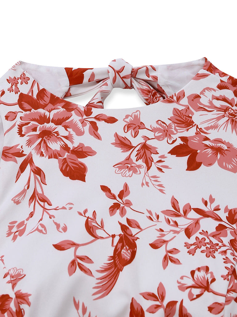 1960er Blumen Drucken Halfter Ärmellos Rückenfrei Swing Kleid