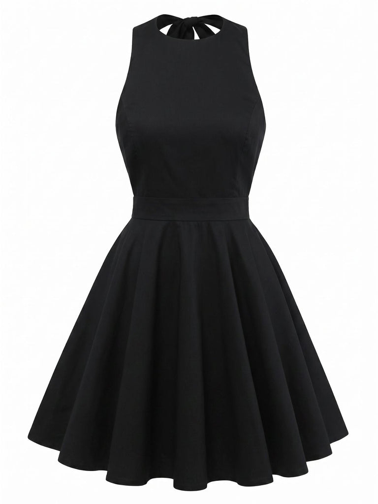1960er Blumen Drucken Halfter Ärmellos Rückenfrei Swing Kleid