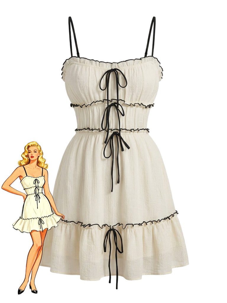 Weiß 1960er Strukturiert Rüschen Spaghetti Gurt Minikleid