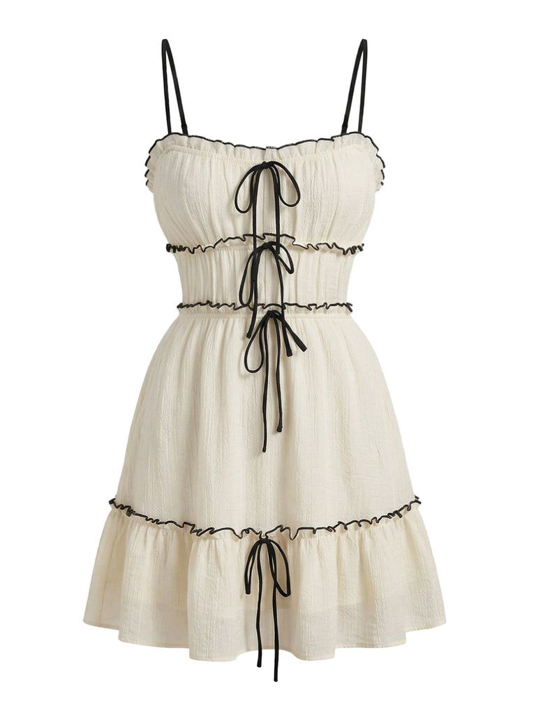 Weiß 1960er Strukturiert Rüschen Spaghetti Gurt Minikleid