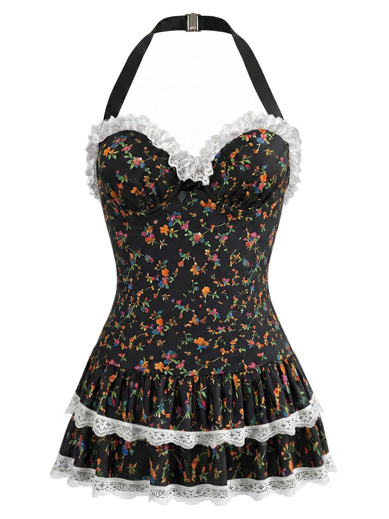 60er Badeanzug mit Neckholder und Blumen