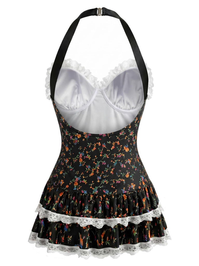 60er Badeanzug mit Neckholder und Blumen