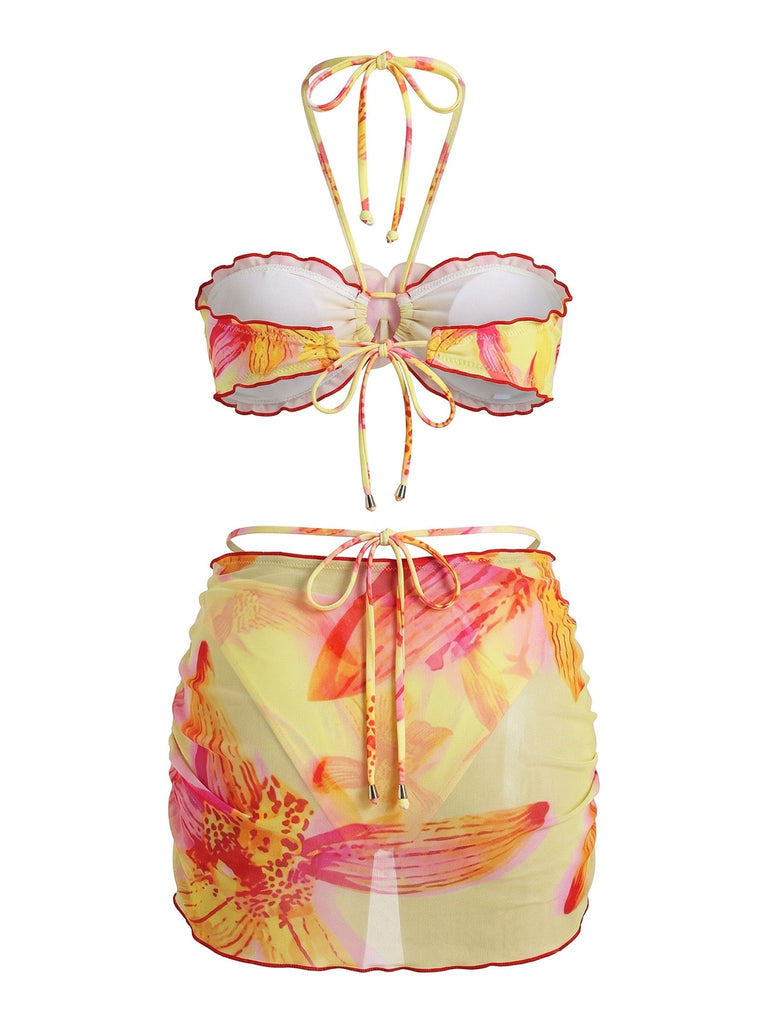 2PCS 1960er Blumen Drucken Halfter Bikini-Set & Figurbetont Abdeckung Up