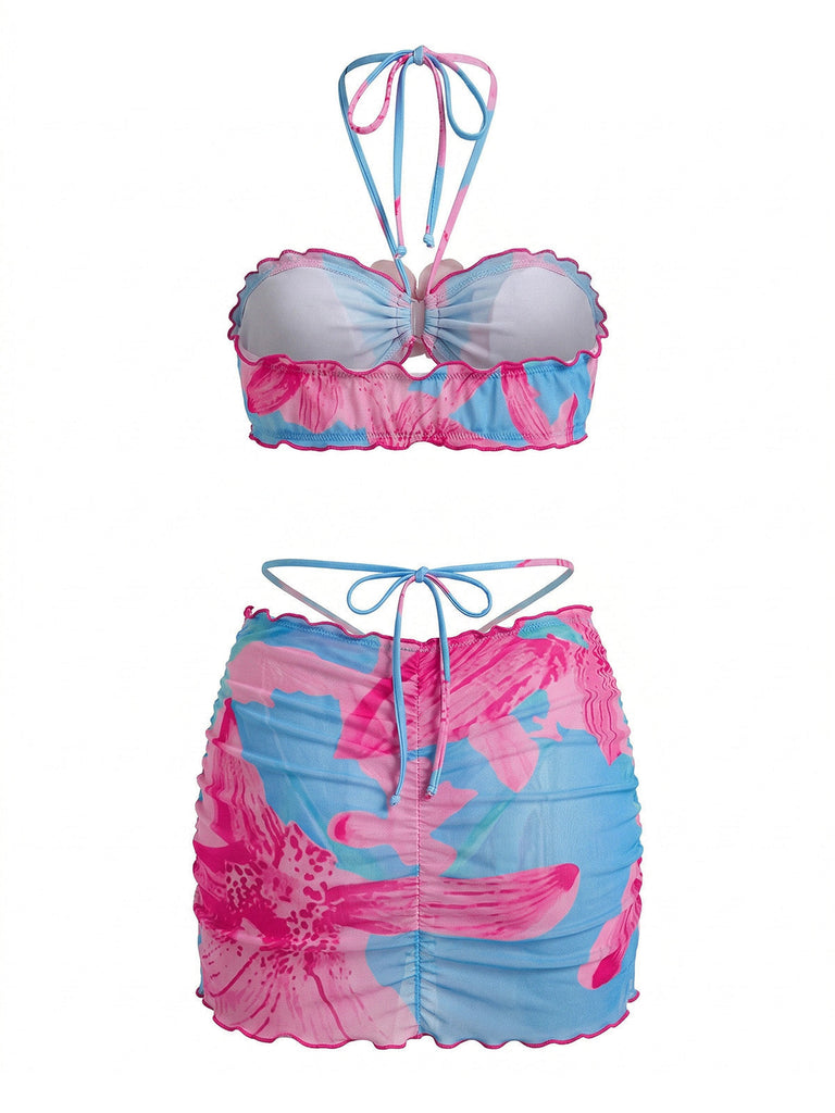 2PCS 1960er Blumen Drucken Halfter Bikini-Set & Figurbetont Abdeckung Up