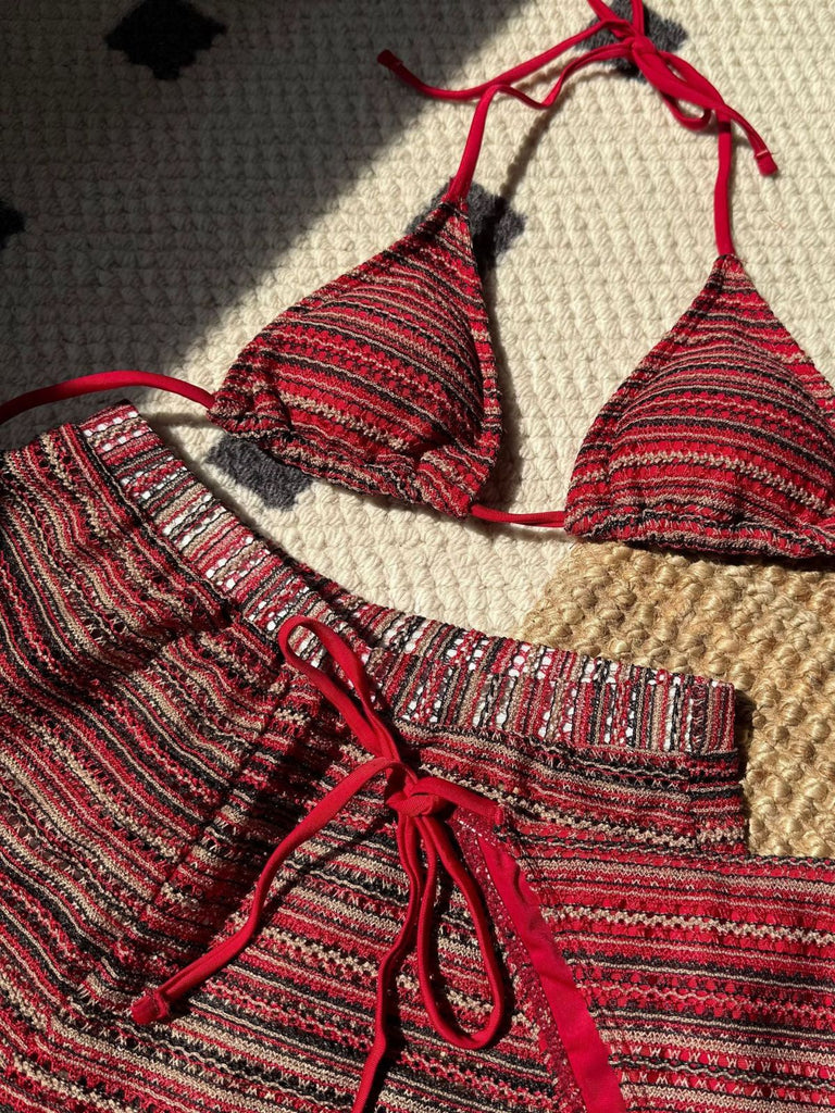 1960er Geschlagen Streifen Halfter Dreieck Bikini-Set