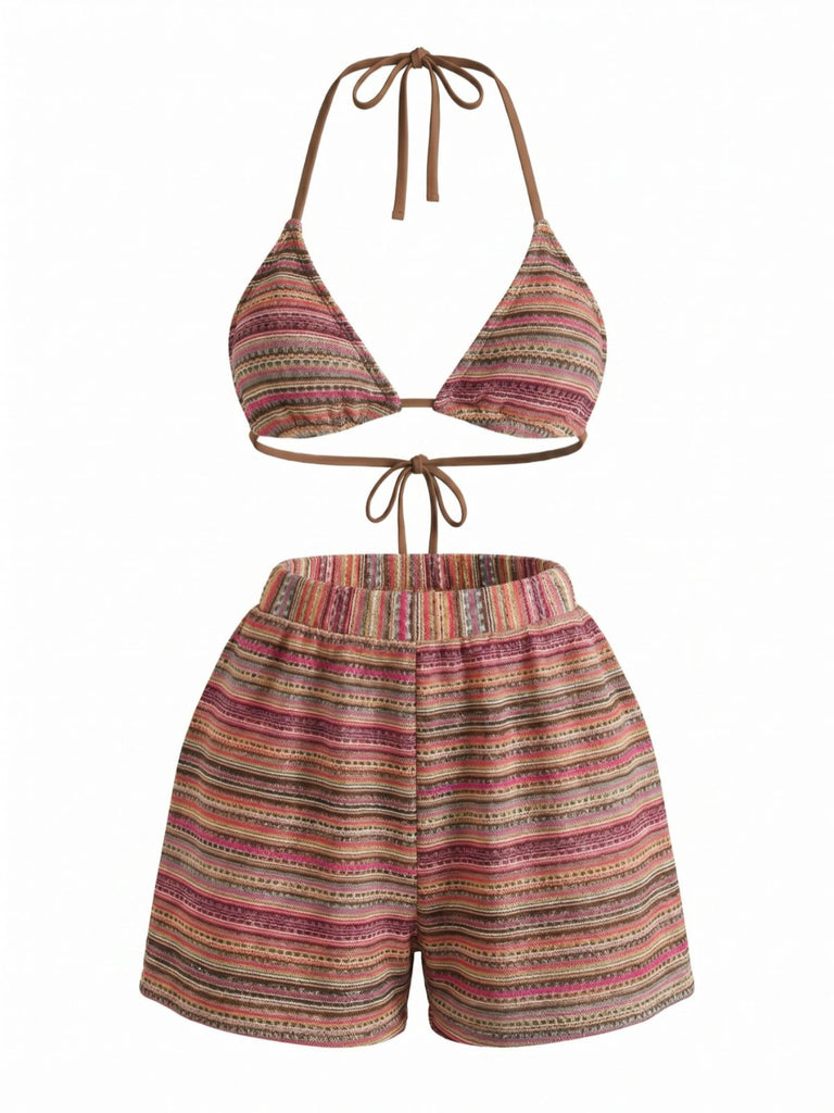 1960er Geschlagen Streifen Halfter Dreieck Bikini-Set
